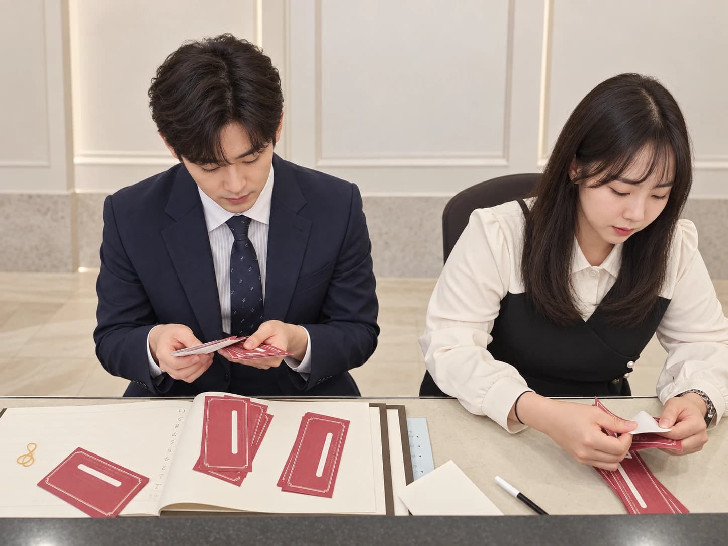 축의대에서 봉투와 식권을 정리하는 위드유 매니저들